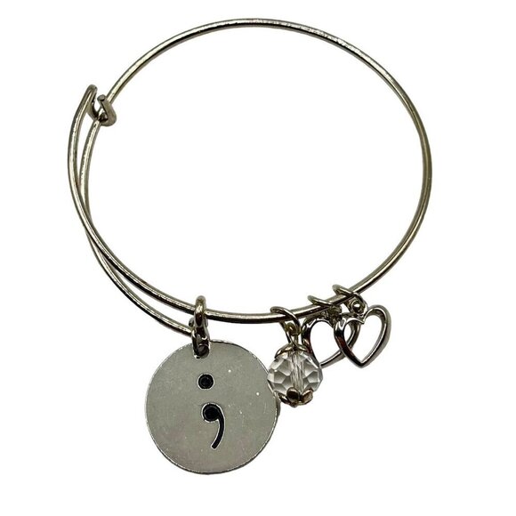 Silver Tone Semi Colon Suicide Prevention Awareness‎ Bangle Charm Bracelet - Picture 1 of 3